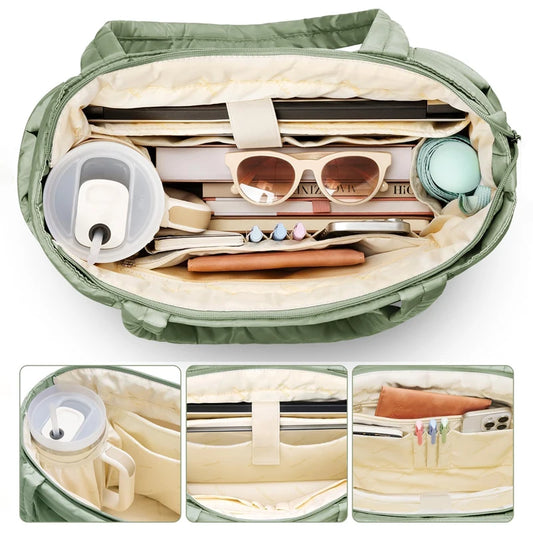 Puffer Tote Bag for Women, Lightweight with Cup Holder, Laptop Compartment & Cosmetic Bag for Travel, Work, Gym.