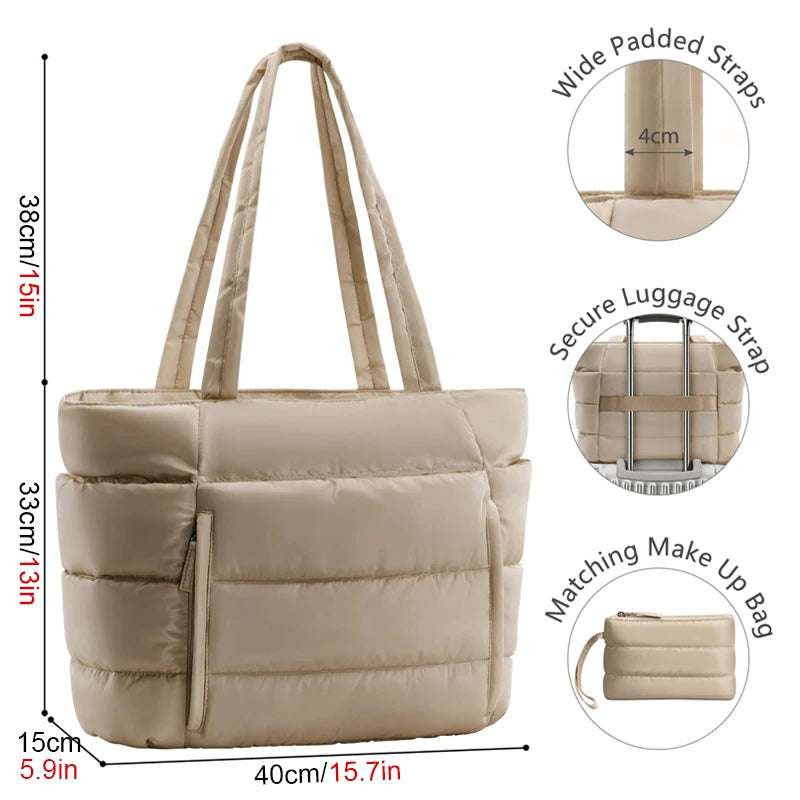 Puffer Tote Bag for Women, Lightweight with Cup Holder, Laptop Compartment & Cosmetic Bag for Travel, Work, Gym.