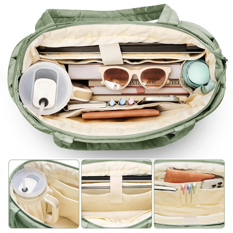 Puffer Tote Bag for Women, Lightweight with Cup Holder, Laptop Compartment & Cosmetic Bag for Travel, Work, Gym.