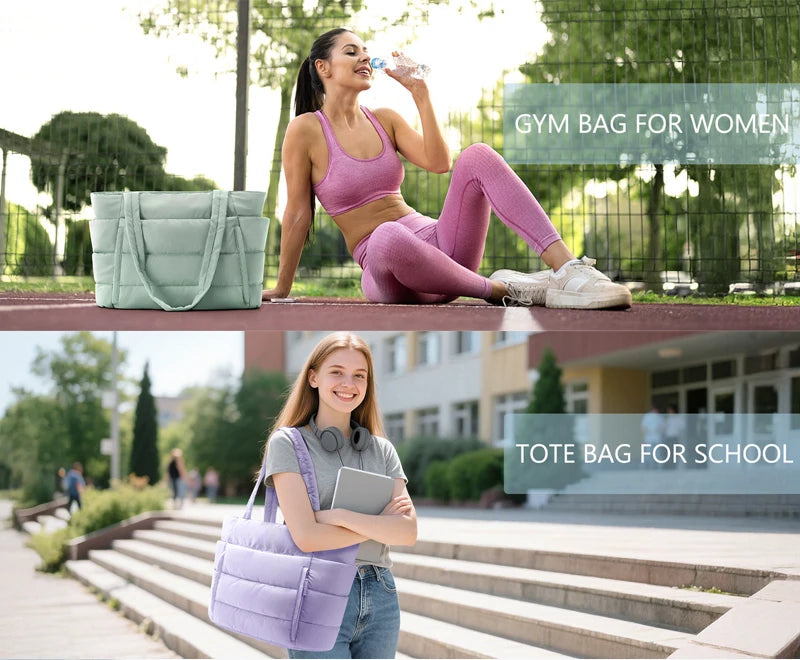 Puffer Tote Bag for Women, Lightweight with Cup Holder, Laptop Compartment & Cosmetic Bag for Travel, Work, Gym.