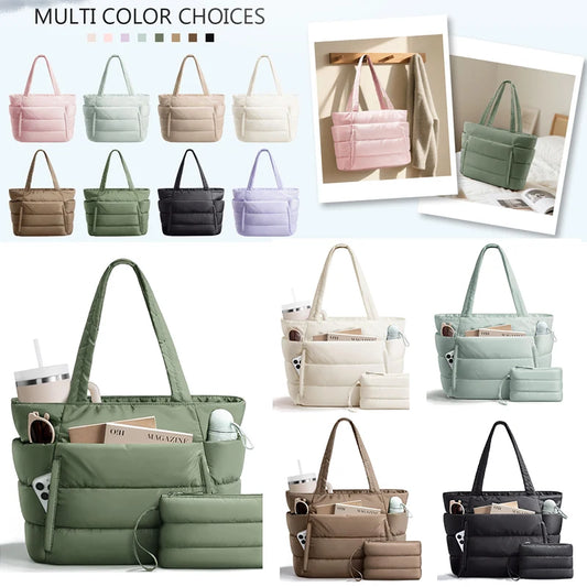 Puffer Tote Bag for Women, Lightweight with Cup Holder, Laptop Compartment & Cosmetic Bag for Travel, Work, Gym.