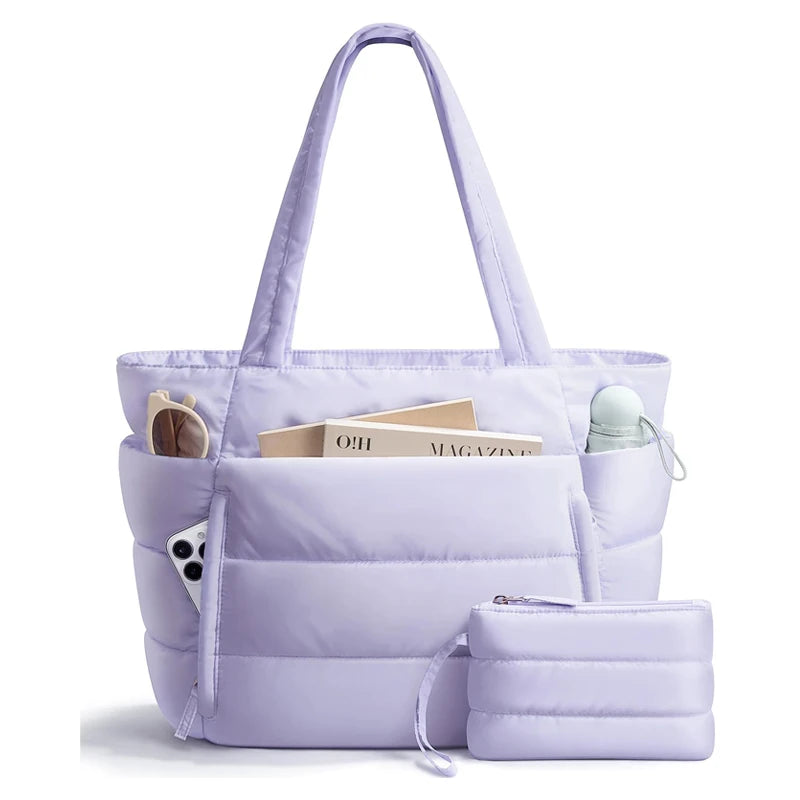 Puffer Tote Bag for Women, Lightweight with Cup Holder, Laptop Compartment & Cosmetic Bag for Travel, Work, Gym.