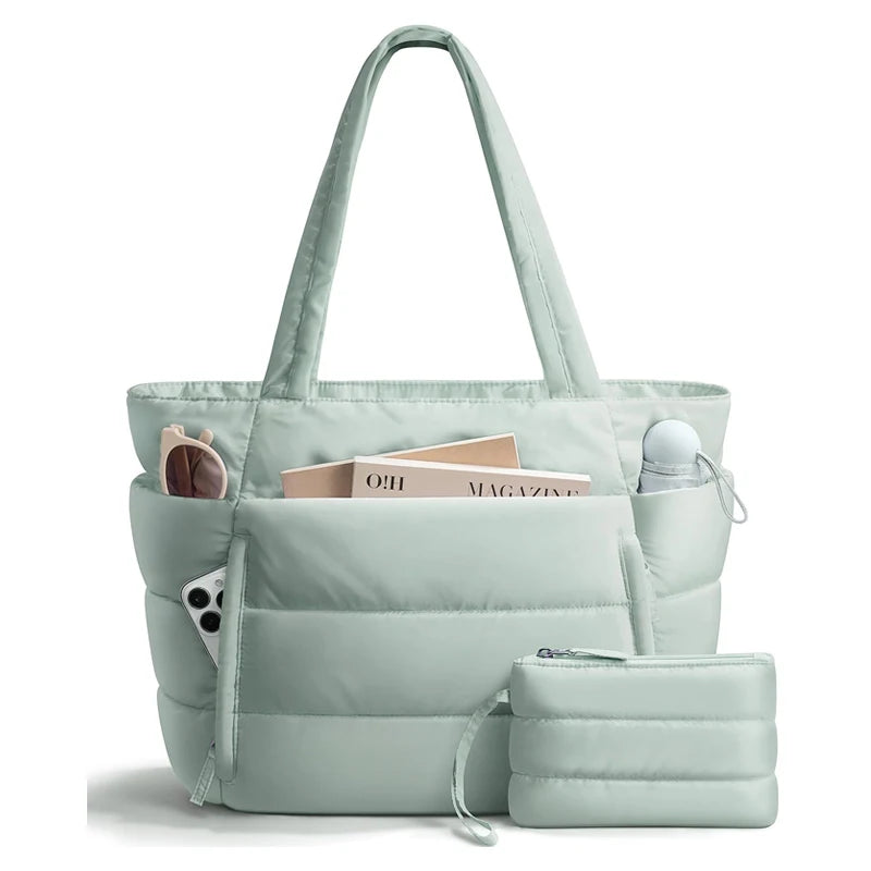 Puffer Tote Bag for Women, Lightweight with Cup Holder, Laptop Compartment & Cosmetic Bag for Travel, Work, Gym.