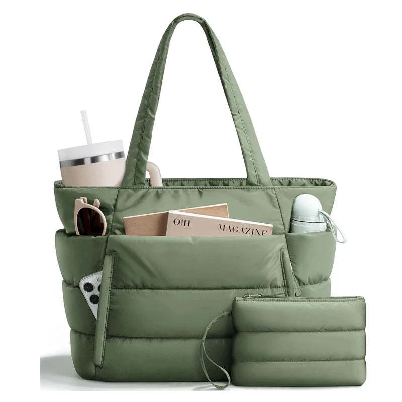Puffer Tote Bag for Women, Lightweight with Cup Holder, Laptop Compartment & Cosmetic Bag for Travel, Work, Gym.