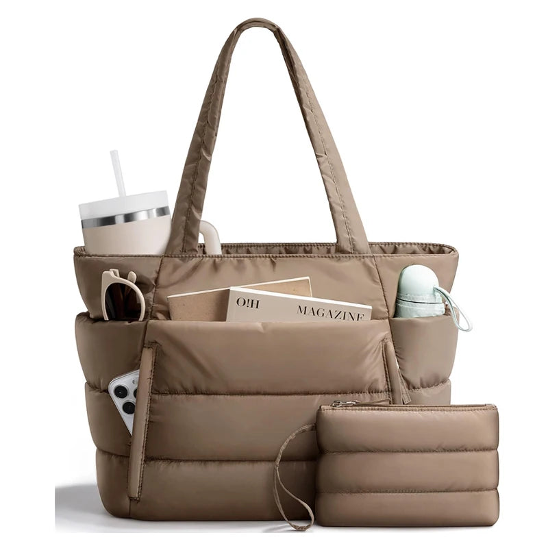 Puffer Tote Bag for Women, Lightweight with Cup Holder, Laptop Compartment & Cosmetic Bag for Travel, Work, Gym.