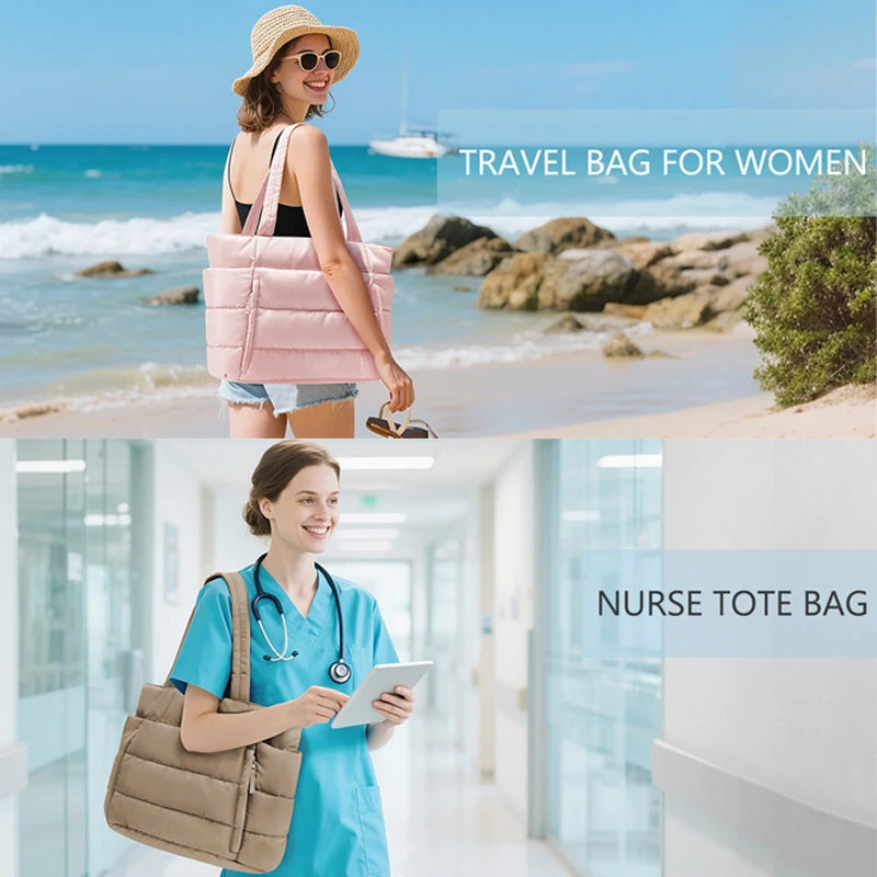 Puffer Tote Bag for Women, Lightweight with Cup Holder, Laptop Compartment & Cosmetic Bag for Travel, Work, Gym.