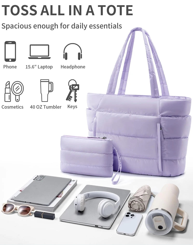 Puffer Tote Bag for Women, Lightweight with Cup Holder, Laptop Compartment & Cosmetic Bag for Travel, Work, Gym.