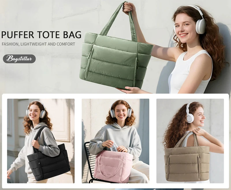 Puffer Tote Bag for Women, Lightweight with Cup Holder, Laptop Compartment & Cosmetic Bag for Travel, Work, Gym.