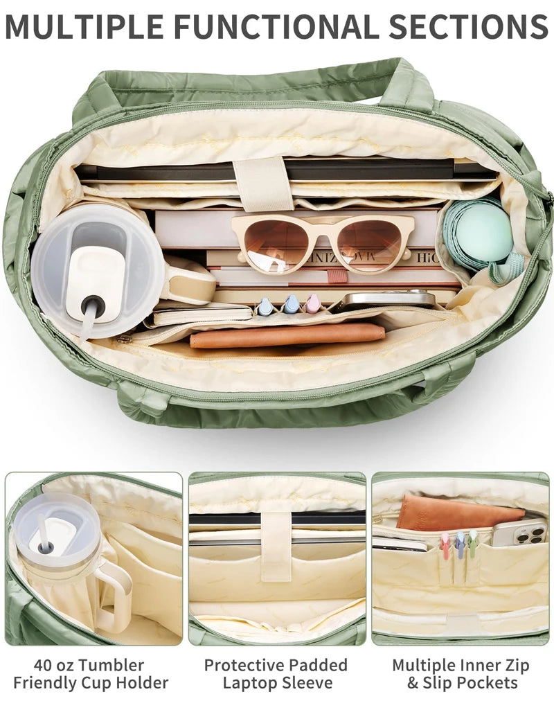 Puffer Tote Bag for Women, Lightweight with Cup Holder, Laptop Compartment & Cosmetic Bag for Travel, Work, Gym.