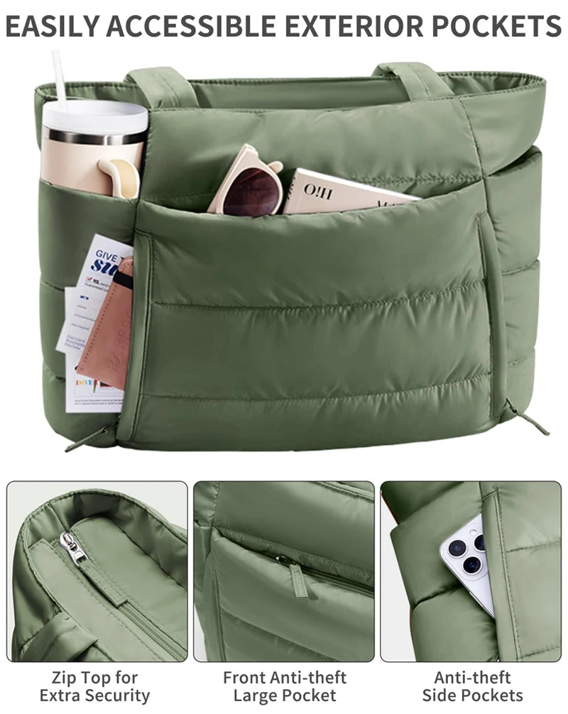 Puffer Tote Bag for Women, Lightweight with Cup Holder, Laptop Compartment & Cosmetic Bag for Travel, Work, Gym.