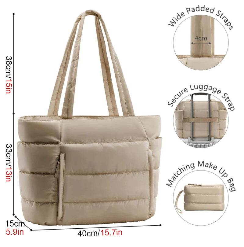 Puffer Tote Bag for Women, Lightweight with Cup Holder, Laptop Compartment & Cosmetic Bag for Travel, Work, Gym.
