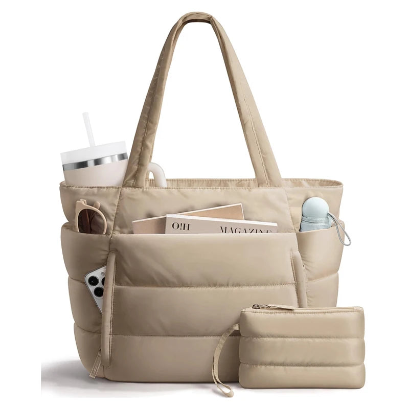 Puffer Tote Bag for Women, Lightweight with Cup Holder, Laptop Compartment & Cosmetic Bag for Travel, Work, Gym.