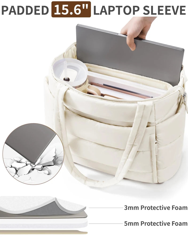 Puffer Tote Bag for Women, Lightweight with Cup Holder, Laptop Compartment & Cosmetic Bag for Travel, Work, Gym.