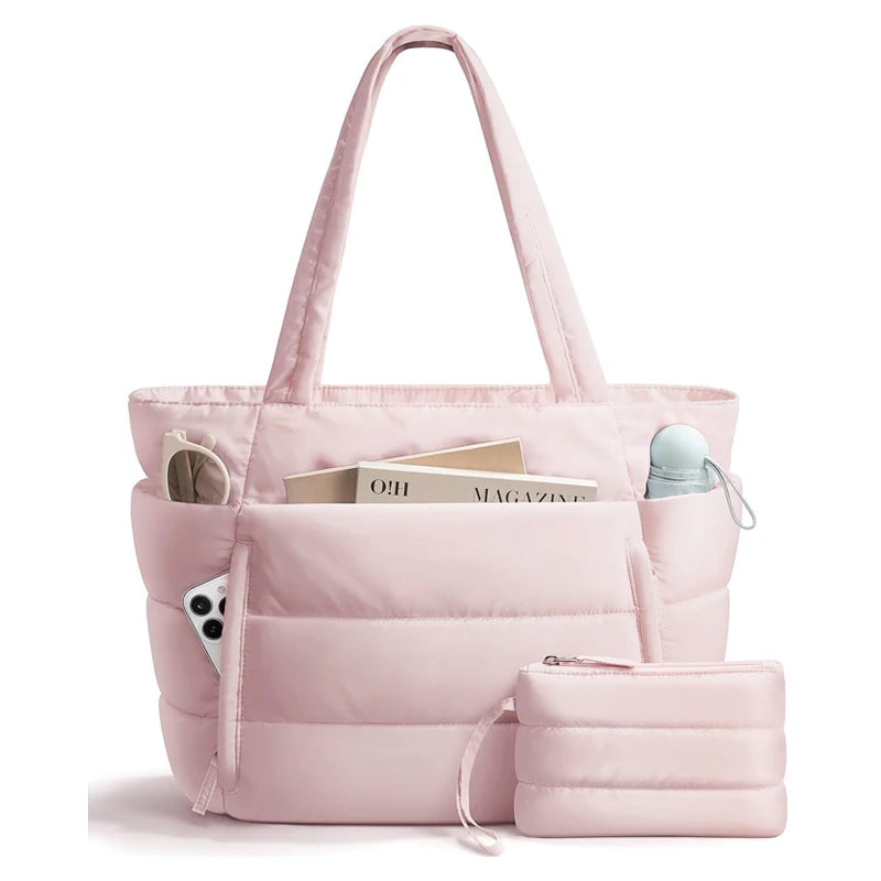 Puffer Tote Bag for Women, Lightweight with Cup Holder, Laptop Compartment & Cosmetic Bag for Travel, Work, Gym.