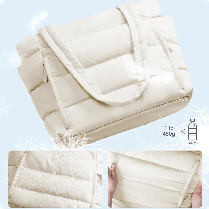 Puffer Tote Bag for Women, Lightweight with Cup Holder, Laptop Compartment & Cosmetic Bag for Travel, Work, Gym.