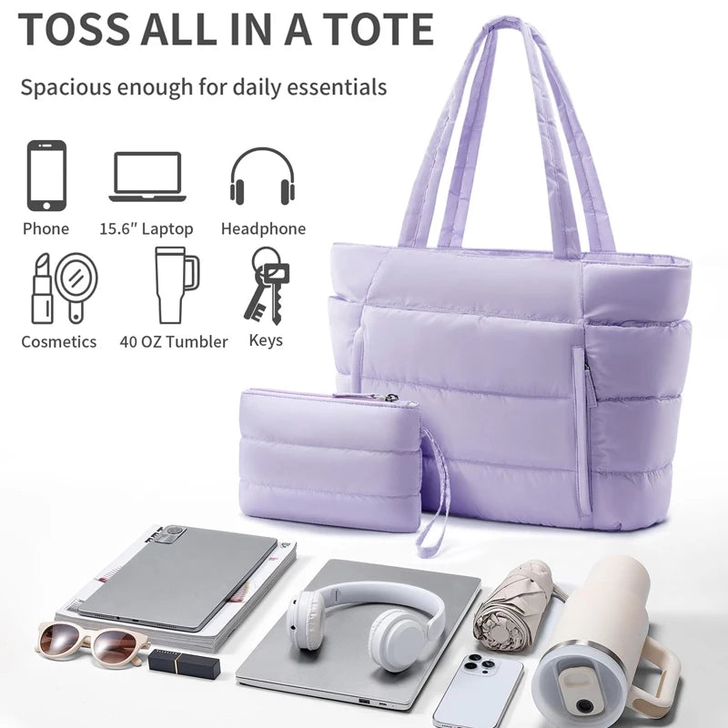 Puffer Tote Bag for Women, Lightweight with Cup Holder, Laptop Compartment & Cosmetic Bag for Travel, Work, Gym.