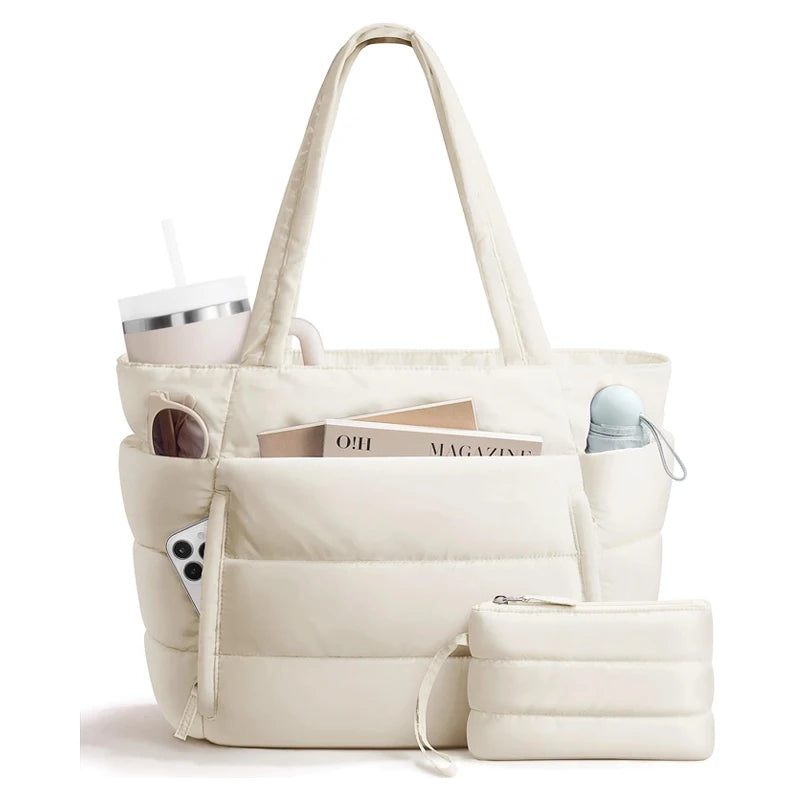 Puffer Tote Bag for Women, Lightweight with Cup Holder, Laptop Compartment & Cosmetic Bag for Travel, Work, Gym.