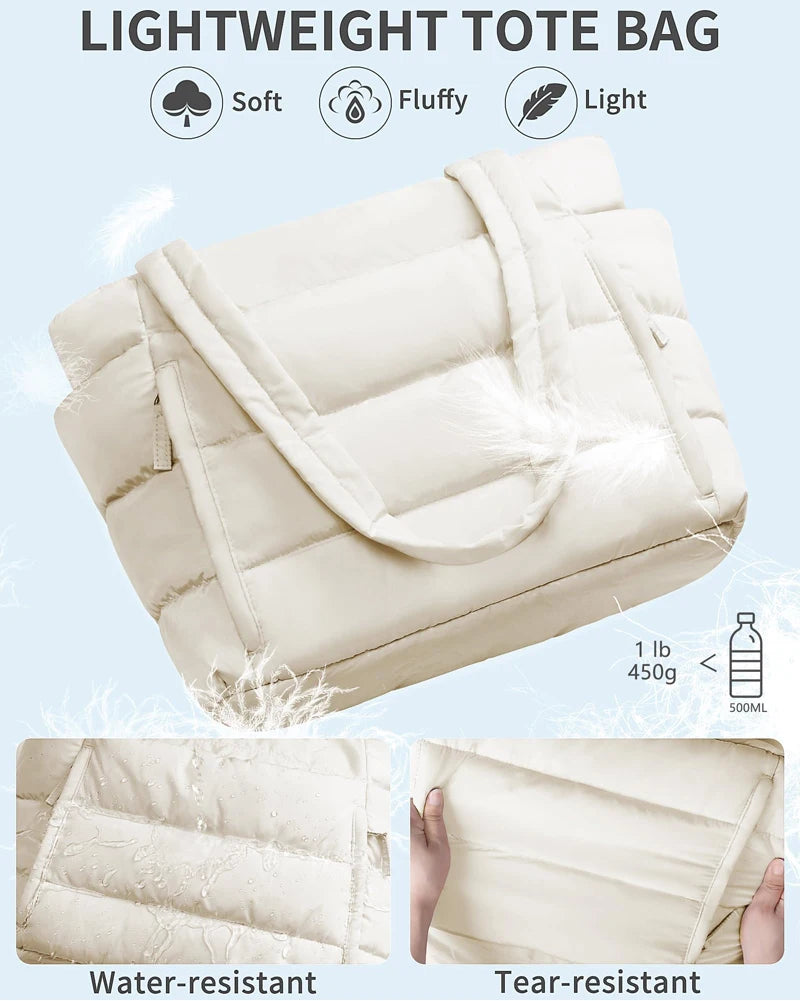 Puffer Tote Bag for Women, Lightweight with Cup Holder, Laptop Compartment & Cosmetic Bag for Travel, Work, Gym.