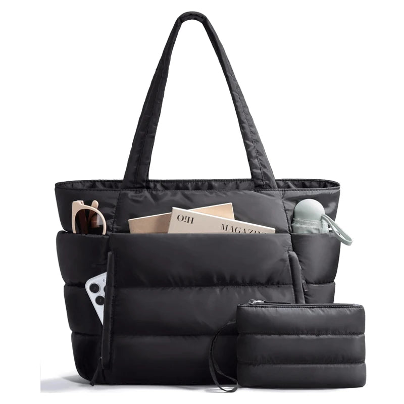 Puffer Tote Bag for Women, Lightweight with Cup Holder, Laptop Compartment & Cosmetic Bag for Travel, Work, Gym.